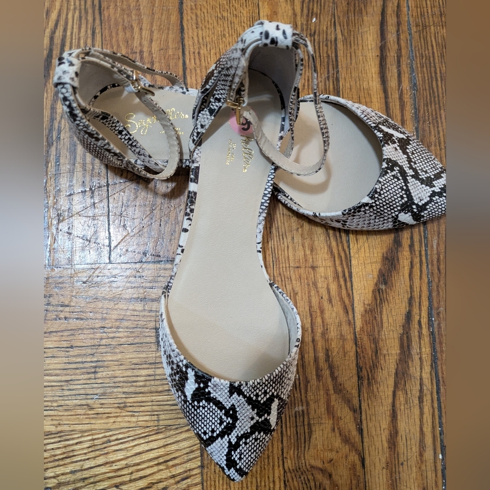 Seychelles Black and White Python Leather Ankle Strap Flats